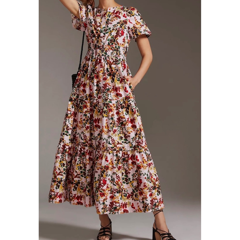 Anthropologie Floral Tiered Maxi Dress Pink Smocked Waist V-Neck Pockets XS